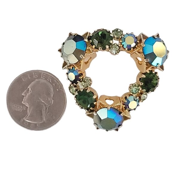 Signed Austria Gold Tone Blue Green Rhinestone Heart Brooch M469 - Picture 6 of 9